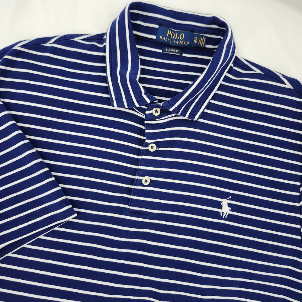 Polo Ralph Lauren Navy Striped Polo Shirt Mens XL Cotton Nantucket Prep Pony